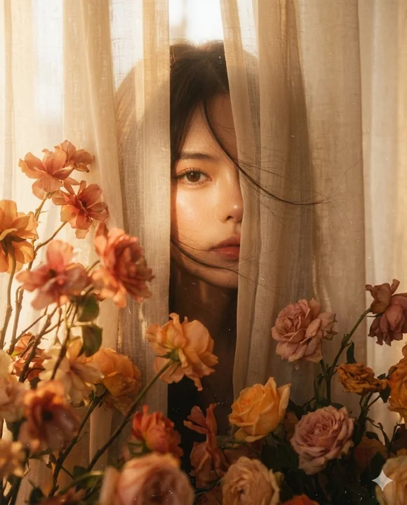 窗帘与花影间的朦胧记忆人像