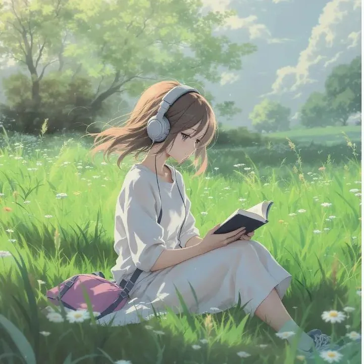 草地读书的耳机少女动漫插画