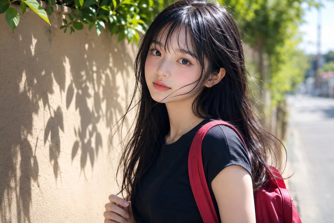 阳光下背红色背包的日系清纯少女