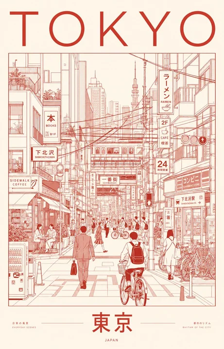 极简主义东京日常街景线稿海报