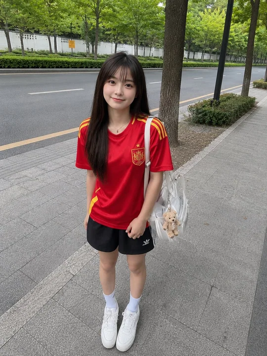 穿西班牙国家队球衣的日本少女路边随拍