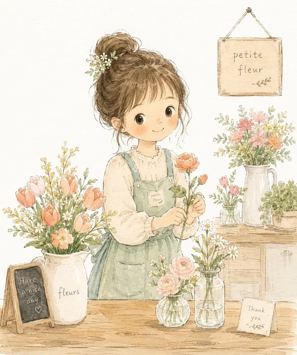 花店里的可爱女孩绘本插画