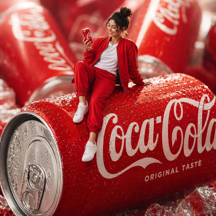 可口可乐巨型罐顶的时尚女性商业摄影