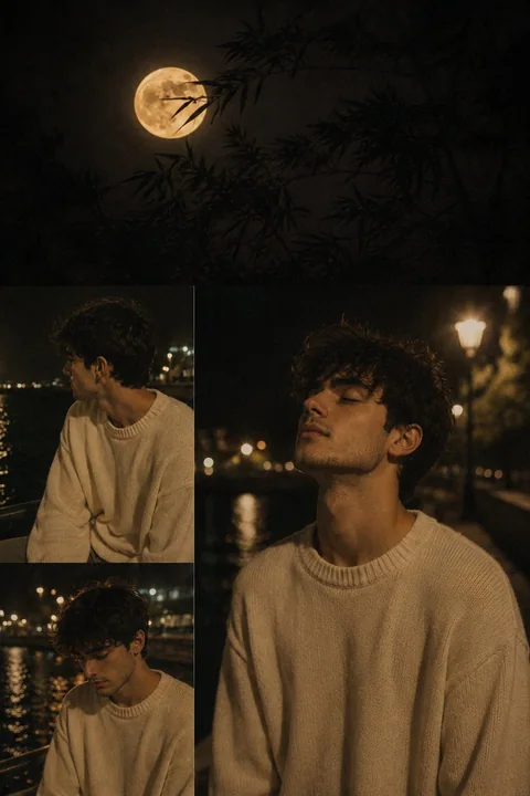 电影感月夜少年拼贴画