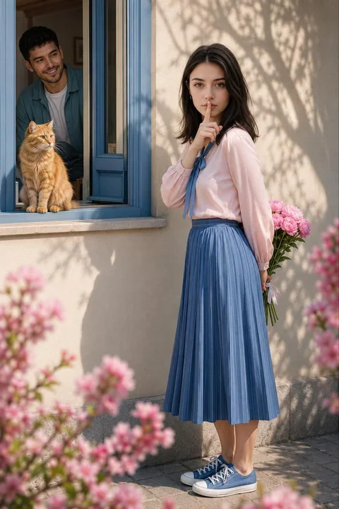 春日俏皮惊喜少女与橘猫