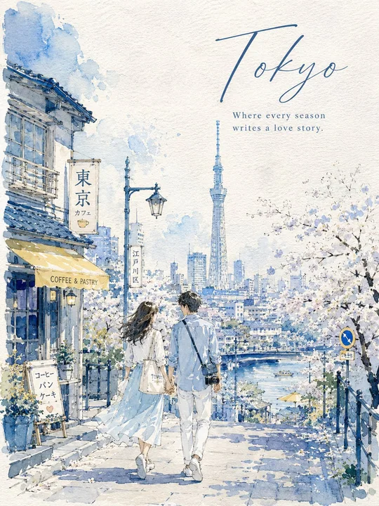 浪漫城市夏日水彩素描旅行海报