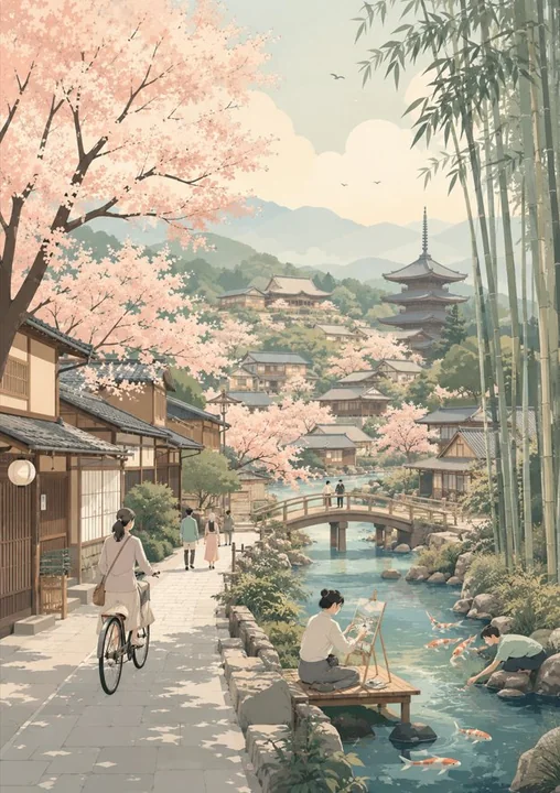 圣托里尼悬崖小镇优雅扁平矢量插画