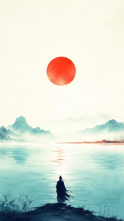 东方禅意极简高对比孔雀蓝朱红海报