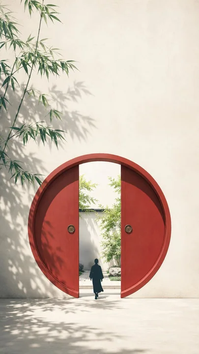 东方禅意极简朱红圆门海报