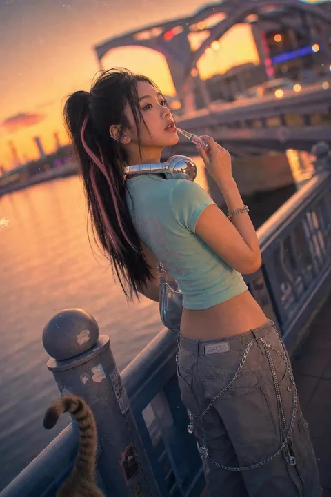 金黄时刻桥上Y2K风格亚裔女性电影感写真