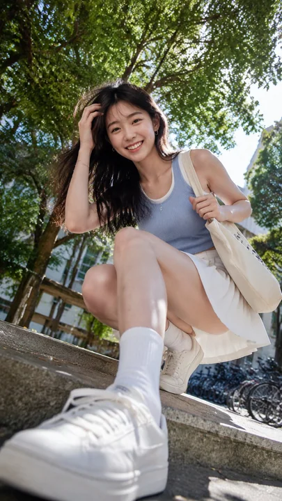 夏日校园低机位广角清爽女大学生写真