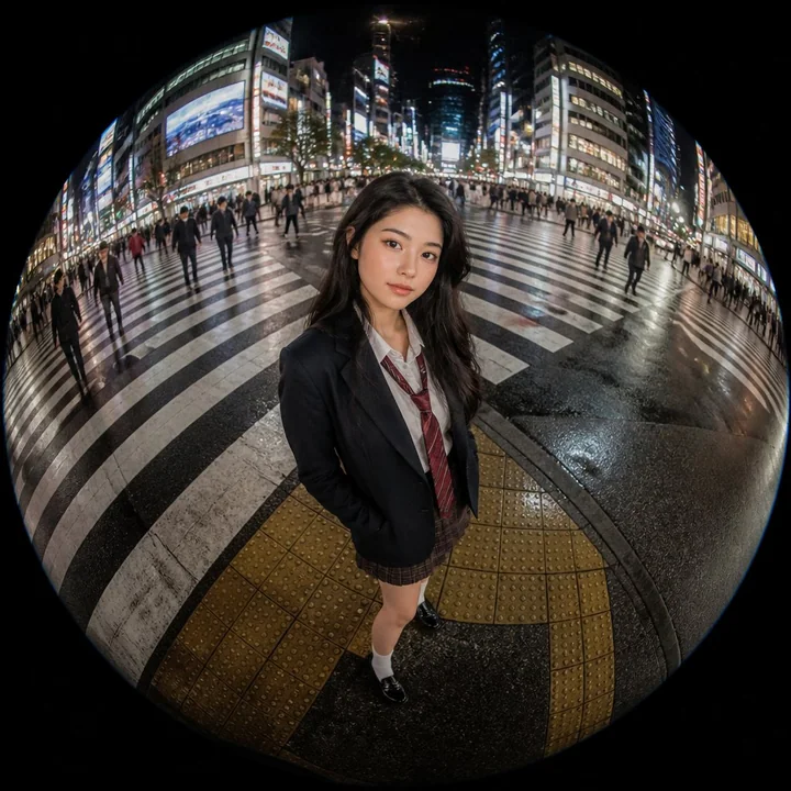 鱼眼镜头下日本街头穿校服的年轻女性