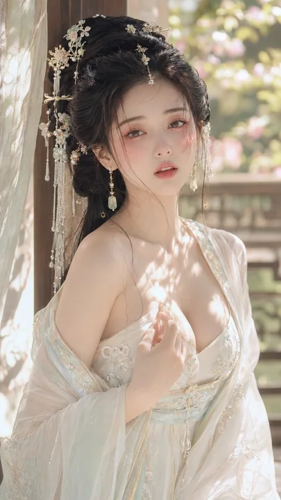 古风贵女花影水光妆容人像特写