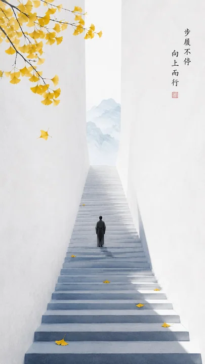 东方禅意极简秋日银杏阶梯海报