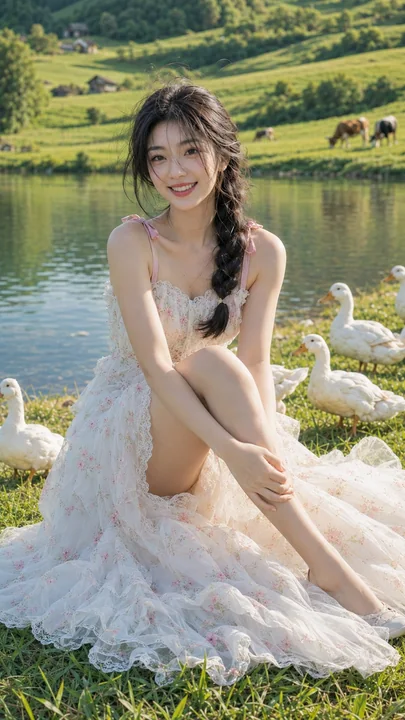 超写实东亚女性湖畔喂鸭子夏季时尚人像