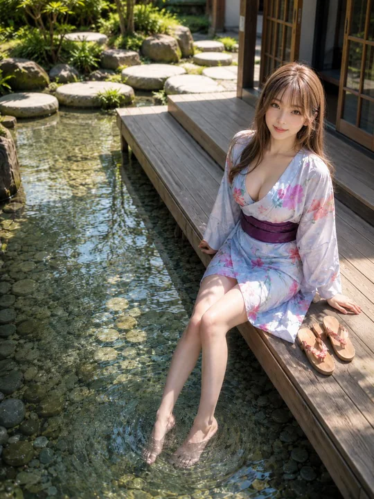 夏日庭院缘廊少女戏水实写肖像