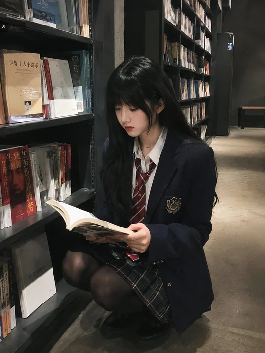 现代书店中的东亚女学生手机抓拍