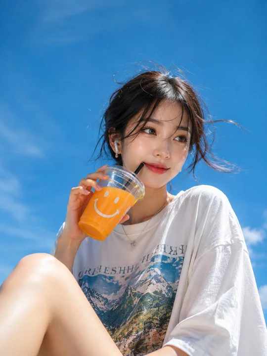 夏日天空下喝橙汁的东亚女性写实肖像