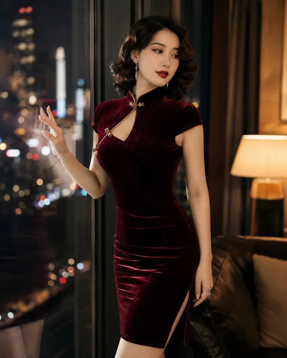 绝美东亚女性酒红色丝绒旗袍都市夜景