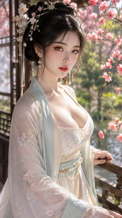 古风贵女春日海棠庭院水光美妆写真