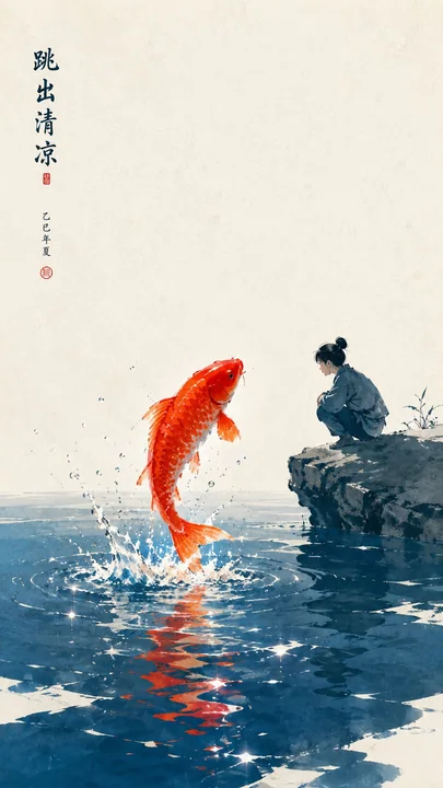东方禅意极简高对比鲤鱼跃水插画