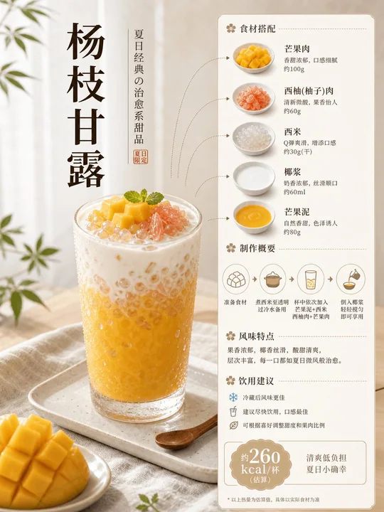 极简日系杨枝甘露饮品海报提示词