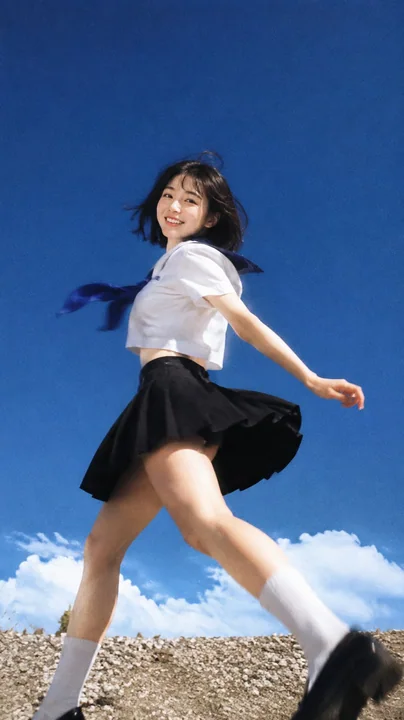 蓝天下的日系水手服少女户外人像