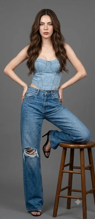 棕发美女单宁套装影棚全身像