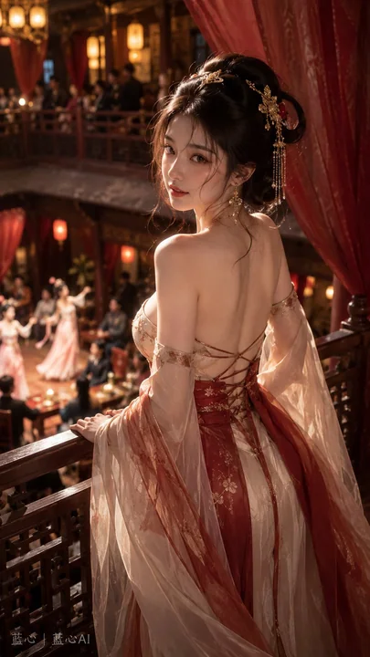 朱砂红轻纱回眸古风少女抓拍