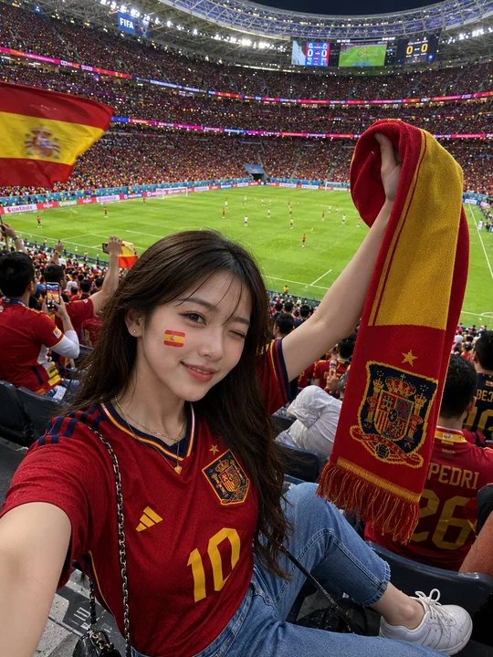 穿着西班牙球衣在看台自拍的日本女性
