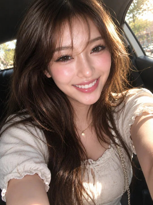 黄金时刻现代车内东亚女性自拍人像