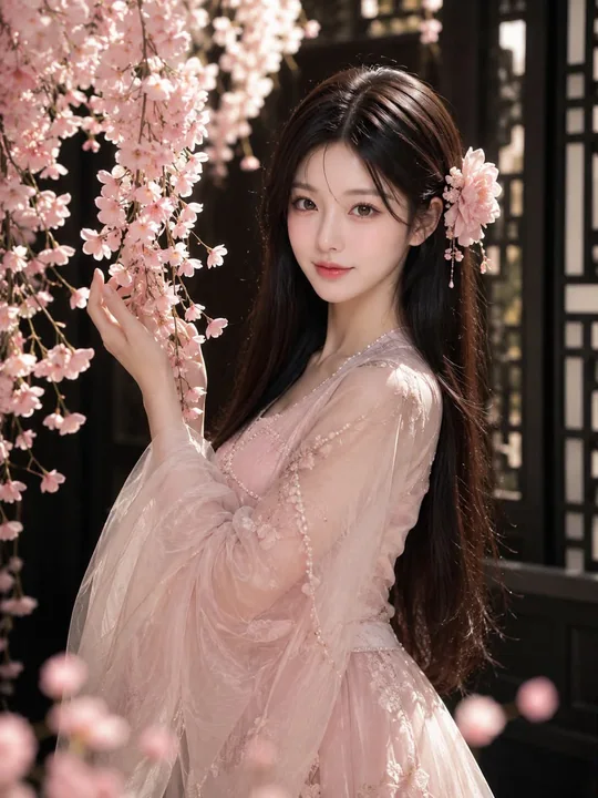 樱花树下粉色汉服东亚女性肖像