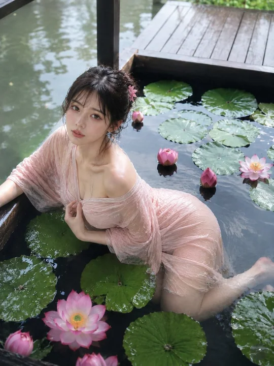 莲影淡粉宁静池畔时尚人像
