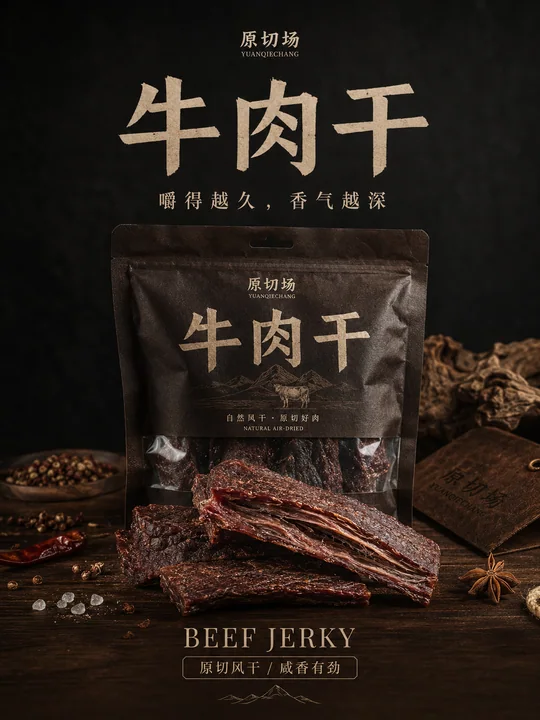 匠心原切风干牛肉干高端写实海报