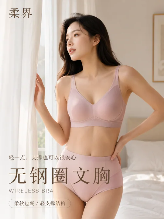 柔界雾粉无钢圈文胸高端写实视觉海报