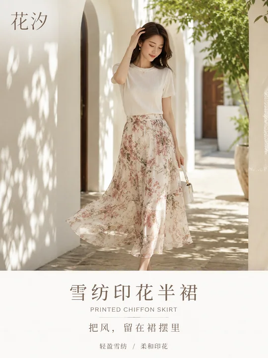 庭院树影下的雪纺印花裙高级时尚海报