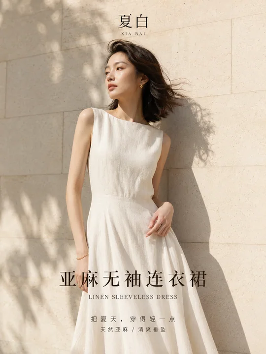 夏白品牌极简亚麻连衣裙高级感海报