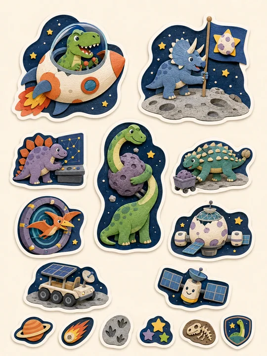 梦幻太空恐龙探险纸雕贴纸大合集