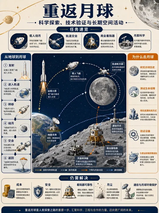 重返月球：人类航天任务架构科普信息图