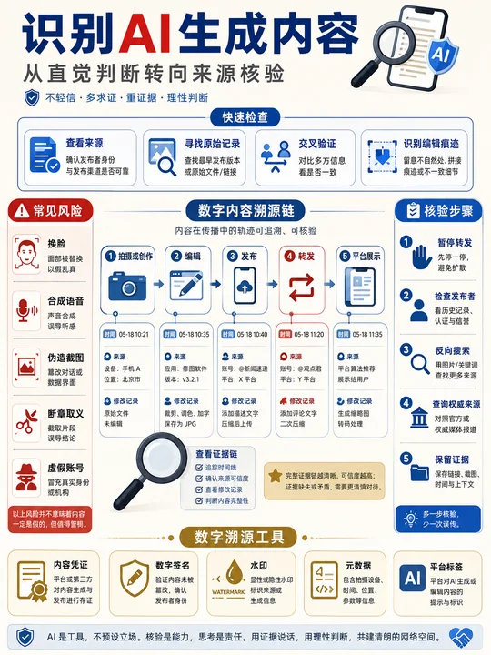 识别AI生成内容：全方位媒体素养科普信息图