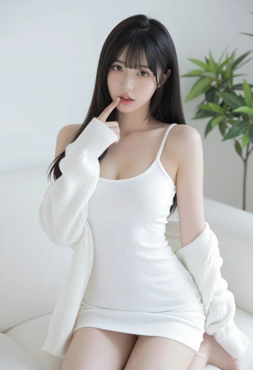 坐在白色沙发上的日系长发吊带裙美女