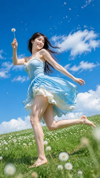 绿地奔跑的夏日东亚女性人像