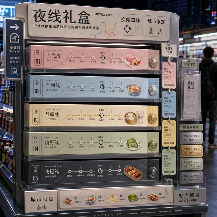 城市地铁换乘主题低饱和粉彩礼盒货架陈列