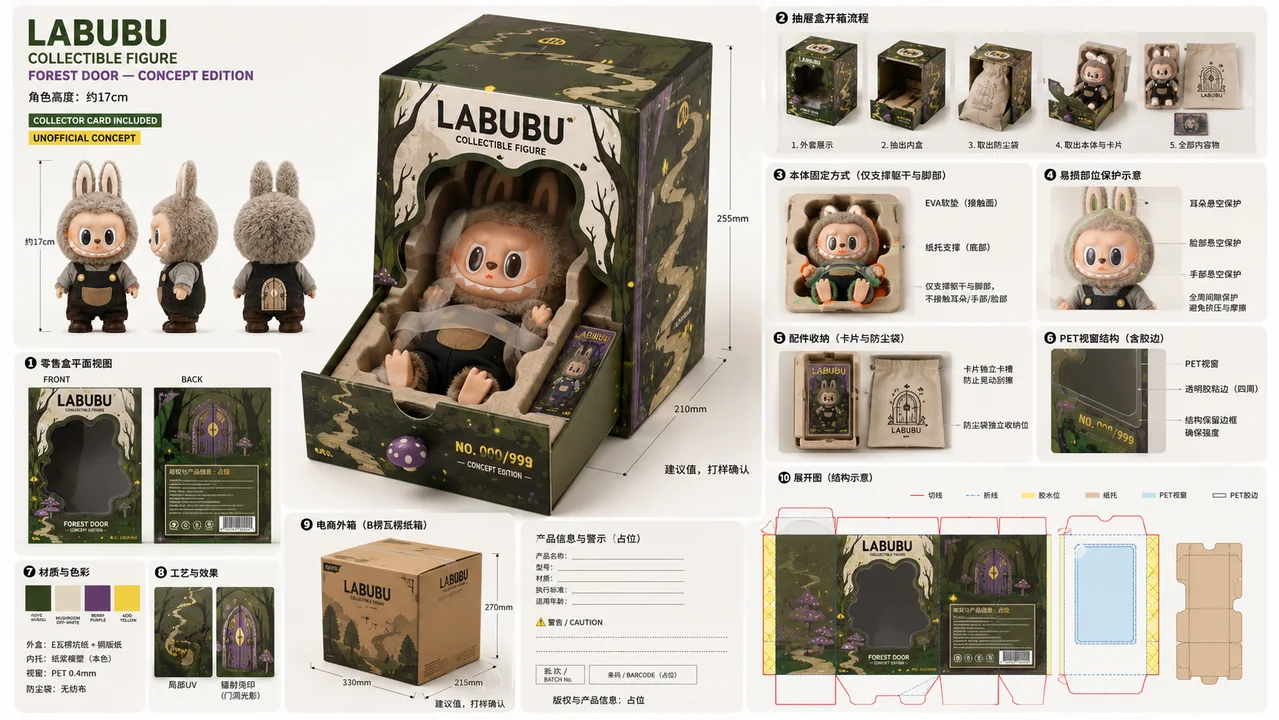 森林秘境门:LABUBU 潮玩概念包装设计方案