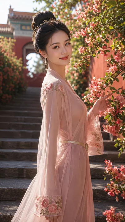 唐风幻想春日贵女：海棠花下的明艳回眸