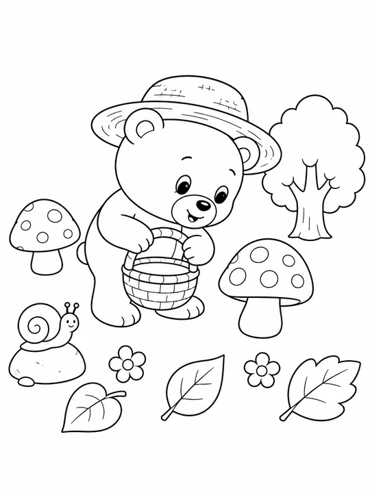 森林小熊采蘑菇儿童手绘涂色卡