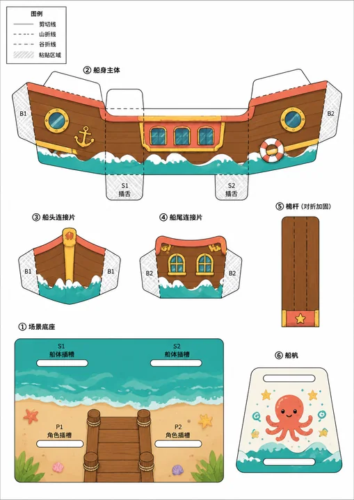 趣味儿童海盗船纸板手工拼装模板
