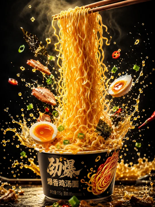 极速美味瞬间:空中金色拉面瀑布海报