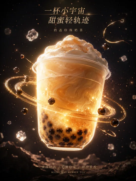 宇宙奶茶：星际环绕的梦幻甜品广告海报