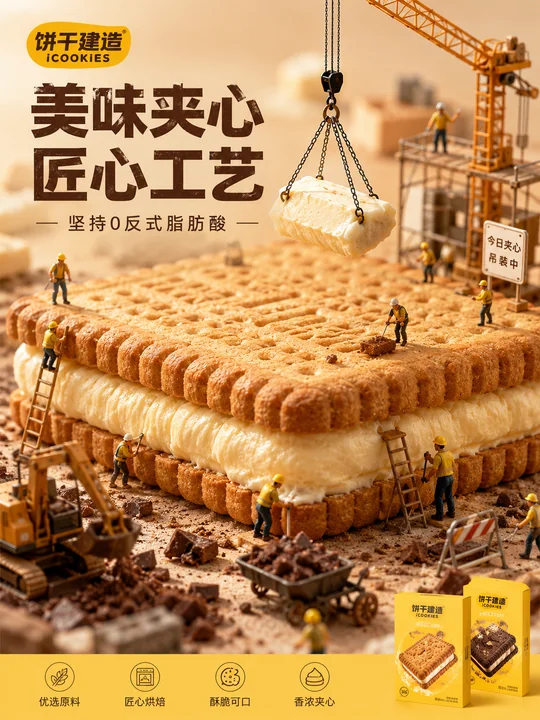 巨型夹心饼干微缩世界施工现场创意海报